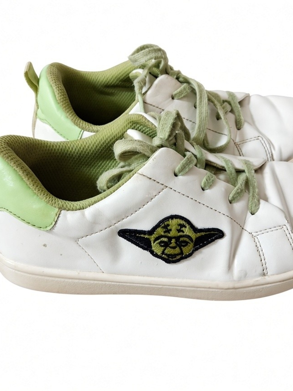 Kids White Sneakers with Light Green Accents and Character Patch